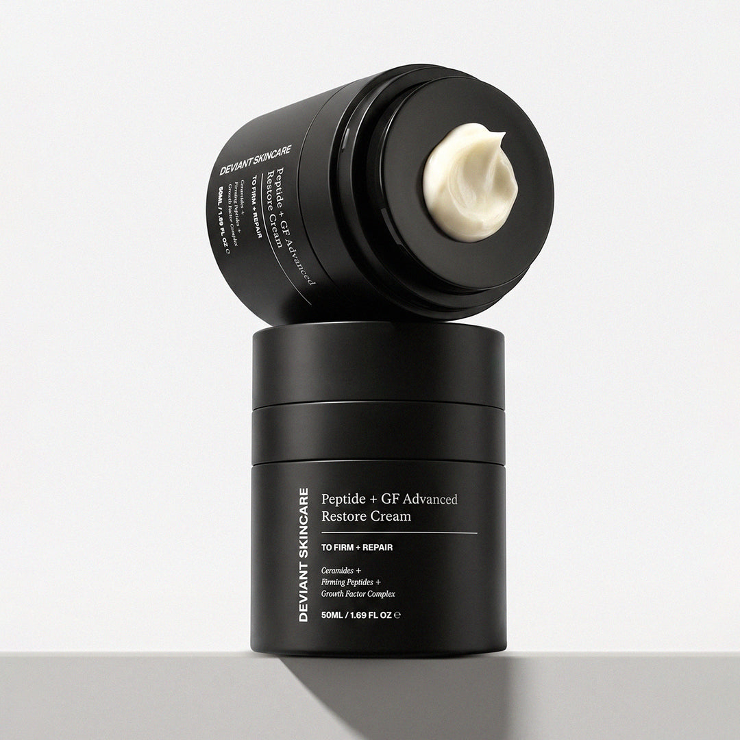 Deviant Skincare Peptide + GF Advanced Restore Cream 50ml in black jar with cream texture