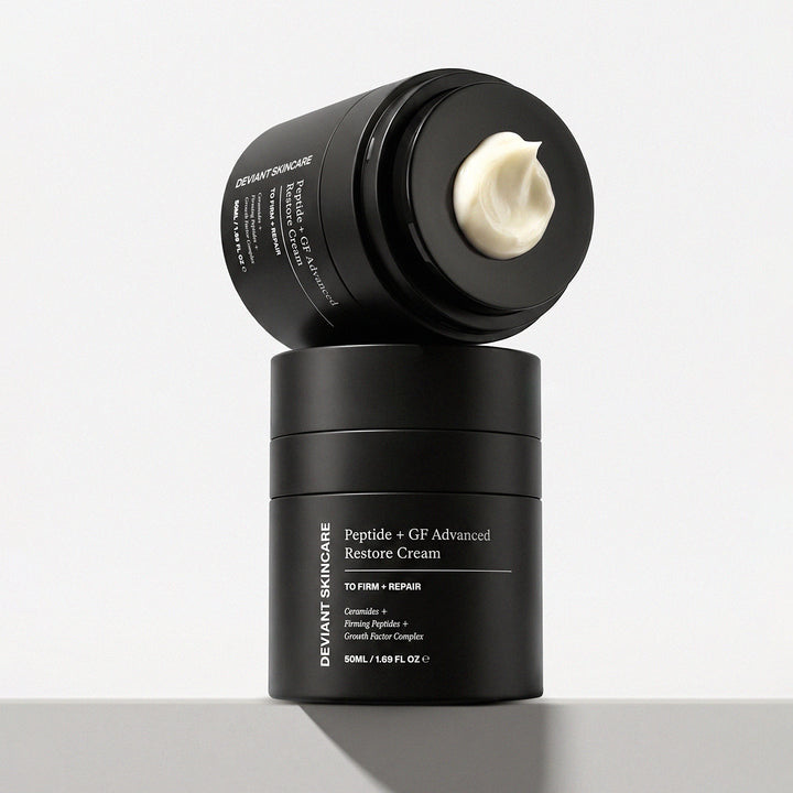 Deviant Skincare Peptide + GF Advanced Restore Cream 50ml in black jar with cream texture